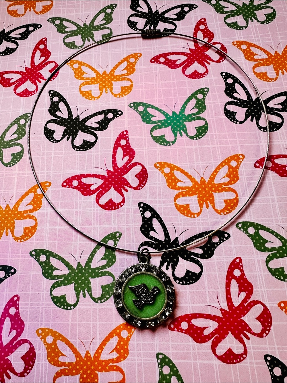 Hand Crafted Silver-Tone Necklace with Mint Green Dove Pendant